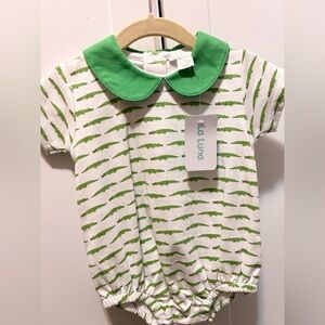 La Luna Green and White Alligator Print Baby Romper